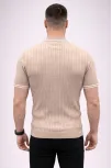 Erkek Fitilli Triko Dokuma Kısa Kol Tişört Yarım Boğaz Modern Yazlık T-shirt - Bej