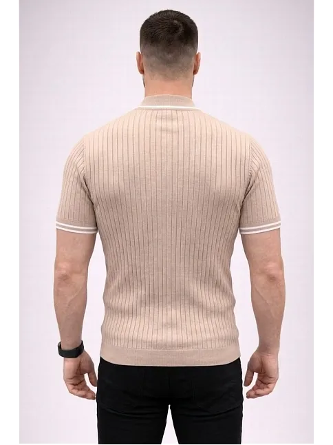 Erkek Fitilli Triko Dokuma Kısa Kol Tişört Yarım Boğaz Modern Yazlık T-shirt - Bej
