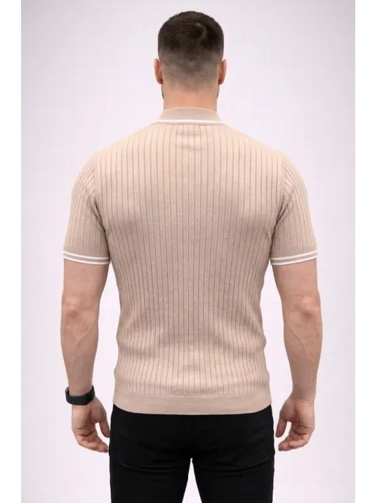 Erkek Fitilli Triko Dokuma Kısa Kol Tişört Yarım Boğaz Modern Yazlık T-shirt - Bej