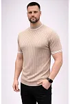 Erkek Fitilli Triko Dokuma Kısa Kol Tişört Yarım Boğaz Modern Yazlık T-shirt - Bej