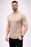 Erkek Fitilli Triko Dokuma Kısa Kol Tişört Yarım Boğaz Modern Yazlık T-shirt - Bej