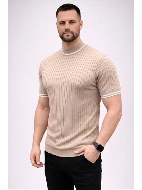 Erkek Fitilli Triko Dokuma Kısa Kol Tişört Yarım Boğaz Modern Yazlık T-shirt - Bej