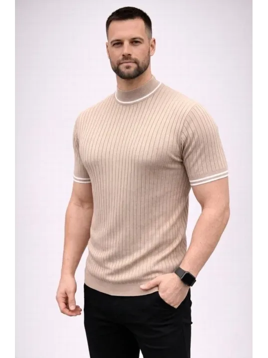 Erkek Fitilli Triko Dokuma Kısa Kol Tişört Yarım Boğaz Modern Yazlık T-shirt - Bej