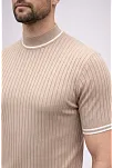 Erkek Fitilli Triko Dokuma Kısa Kol Tişört Yarım Boğaz Modern Yazlık T-shirt - Bej