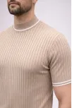 Erkek Fitilli Triko Dokuma Kısa Kol Tişört Yarım Boğaz Modern Yazlık T-shirt - Bej