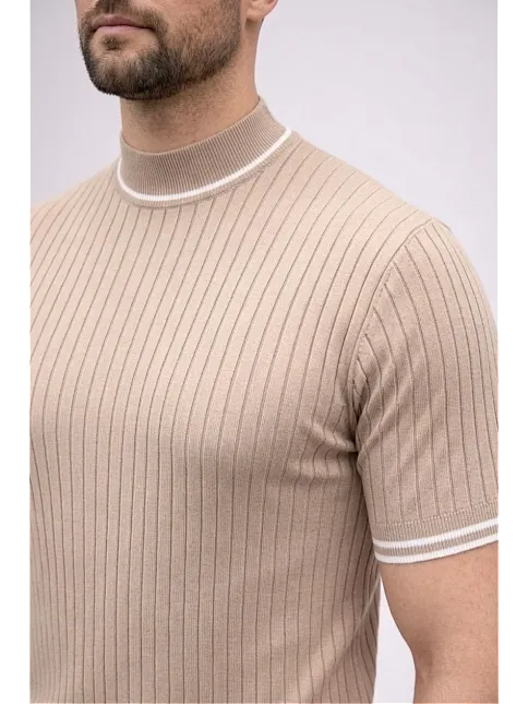 Erkek Fitilli Triko Dokuma Kısa Kol Tişört Yarım Boğaz Modern Yazlık T-shirt - Bej