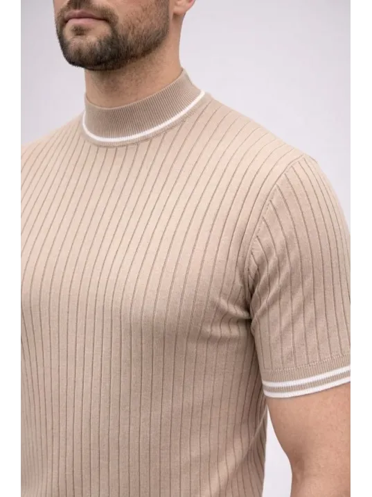 Erkek Fitilli Triko Dokuma Kısa Kol Tişört Yarım Boğaz Modern Yazlık T-shirt - Bej