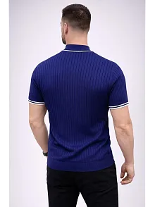 Erkek Fitilli Triko Dokuma Kısa Kol Tişört Yarım Boğaz Modern Yazlık T-shirt - Lacivert