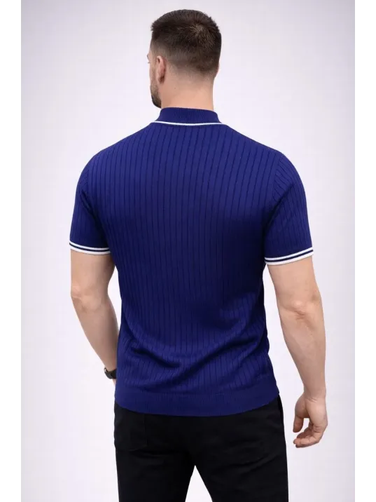 Erkek Fitilli Triko Dokuma Kısa Kol Tişört Yarım Boğaz Modern Yazlık T-shirt - Lacivert Erkek Fitilli Triko Dokuma Kısa Kol Tişört Yarım Boğaz Modern Yazlık T-shirt - Lacivert