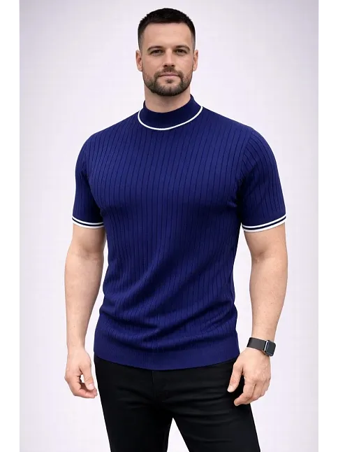 Erkek Fitilli Triko Dokuma Kısa Kol Tişört Yarım Boğaz Modern Yazlık T-shirt - Lacivert Erkek Fitilli Triko Dokuma Kısa Kol Tişört Yarım Boğaz Modern Yazlık T-shirt - Lacivert