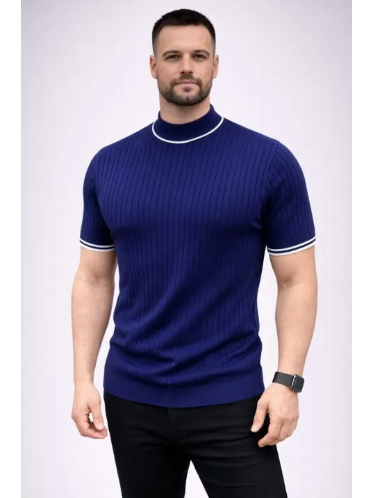 Erkek Fitilli Triko Dokuma Kısa Kol Tişört Yarım Boğaz Modern Yazlık T-shirt - Lacivert Erkek Fitilli Triko Dokuma Kısa Kol Tişört Yarım Boğaz Modern Yazlık T-shirt - Lacivert