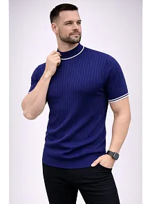 Erkek Fitilli Triko Dokuma Kısa Kol Tişört Yarım Boğaz Modern Yazlık T-shirt - Lacivert