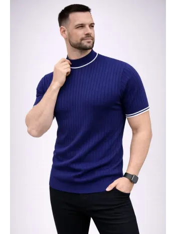 Erkek Fitilli Triko Dokuma Kısa Kol Tişört Yarım Boğaz Modern Yazlık T-shirt - Lacivert