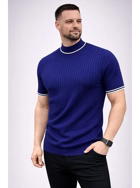 Erkek Fitilli Triko Dokuma Kısa Kol Tişört Yarım Boğaz Modern Yazlık T-shirt - Lacivert Erkek Fitilli Triko Dokuma Kısa Kol Tişört Yarım Boğaz Modern Yazlık T-shirt - Lacivert