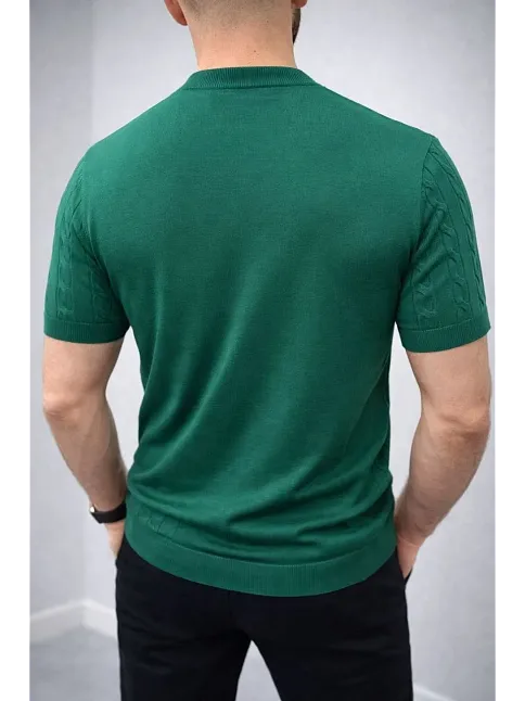 Erkek Yazlık Triko Dokuma Tişört Kısa Kol Bisiklet Yaka Örgü Desenli T-shirt - Haki