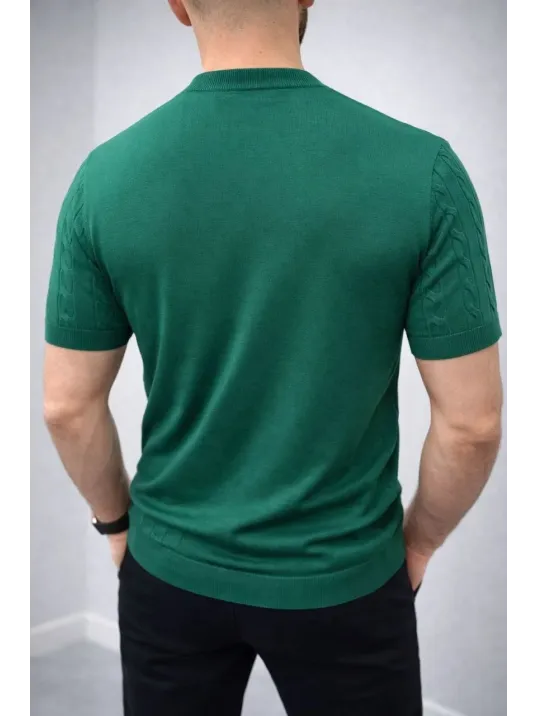 Erkek Yazlık Triko Dokuma Tişört Kısa Kol Bisiklet Yaka Örgü Desenli T-shirt - Haki