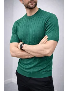Erkek Yazlık Triko Dokuma Tişört Kısa Kol Bisiklet Yaka Örgü Desenli T-shirt - Haki