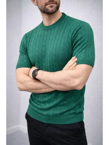 Erkek Yazlık Triko Dokuma Tişört Kısa Kol Bisiklet Yaka Örgü Desenli T-shirt - Haki