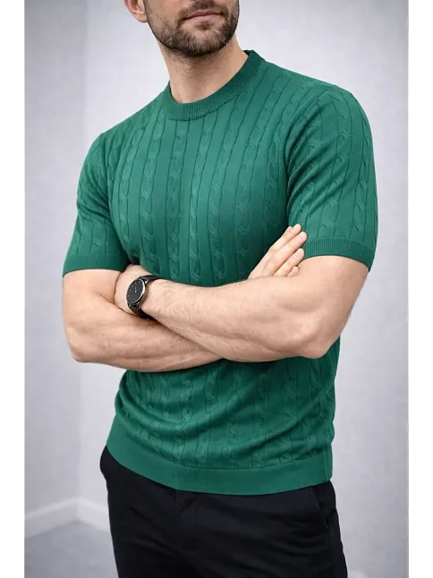 Erkek Yazlık Triko Dokuma Tişört Kısa Kol Bisiklet Yaka Örgü Desenli T-shirt - Haki