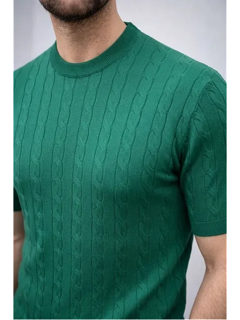 Erkek Yazlık Triko Dokuma Tişört Kısa Kol Bisiklet Yaka Örgü Desenli T-shirt - Haki