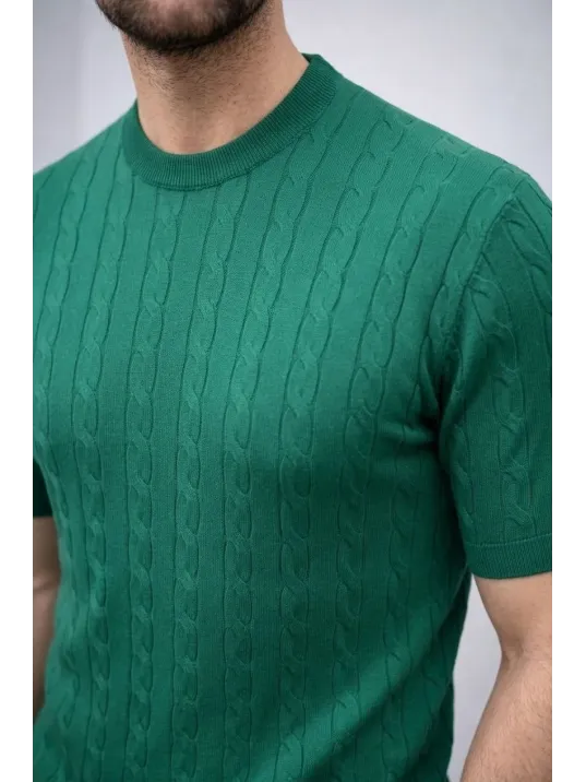 Erkek Yazlık Triko Dokuma Tişört Kısa Kol Bisiklet Yaka Örgü Desenli T-shirt - Haki