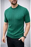 Erkek Yazlık Triko Dokuma Tişört Kısa Kol Bisiklet Yaka Örgü Desenli T-shirt - Haki