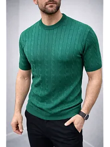 Erkek Yazlık Triko Dokuma Tişört Kısa Kol Bisiklet Yaka Örgü Desenli T-shirt - Haki