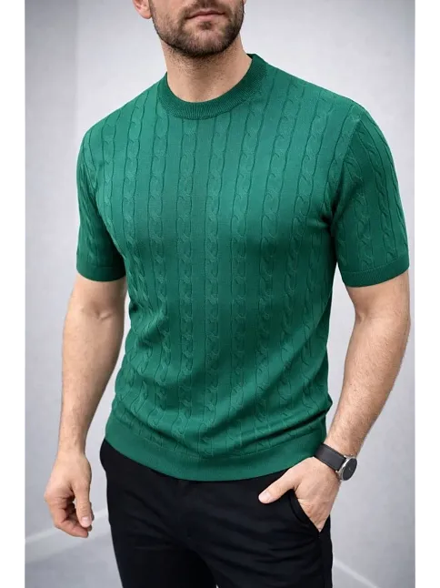 Erkek Yazlık Triko Dokuma Tişört Kısa Kol Bisiklet Yaka Örgü Desenli T-shirt - Haki