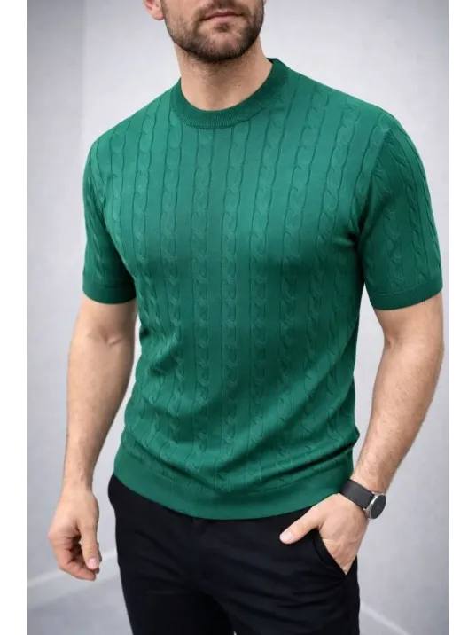 Erkek Yazlık Triko Dokuma Tişört Kısa Kol Bisiklet Yaka Örgü Desenli T-shirt - Haki