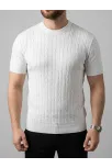 Erkek Yazlık Triko Dokuma Tişört Kısa Kol Bisiklet Yaka Örgü Desenli T-shirt - Beyaz