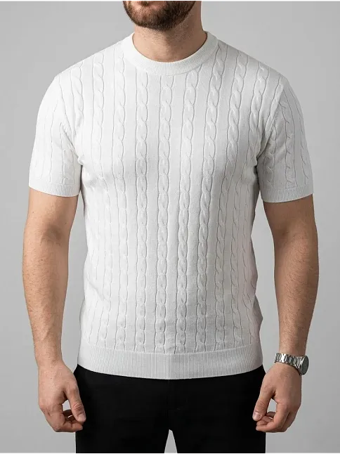 Erkek Yazlık Triko Dokuma Tişört Kısa Kol Bisiklet Yaka Örgü Desenli T-shirt - Beyaz