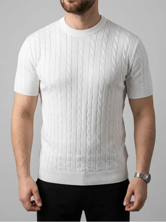 Erkek Yazlık Triko Dokuma Tişört Kısa Kol Bisiklet Yaka Örgü Desenli T-shirt - Beyaz