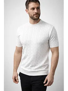 Erkek Yazlık Triko Dokuma Tişört Kısa Kol Bisiklet Yaka Örgü Desenli T-shirt - Beyaz