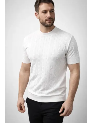 Erkek Yazlık Triko Dokuma Tişört Kısa Kol Bisiklet Yaka Örgü Desenli T-shirt - Beyaz Erkek Yazlık Triko Dokuma Tişört Kısa Kol Bisiklet Yaka Örgü Desenli T-shirt - Beyaz