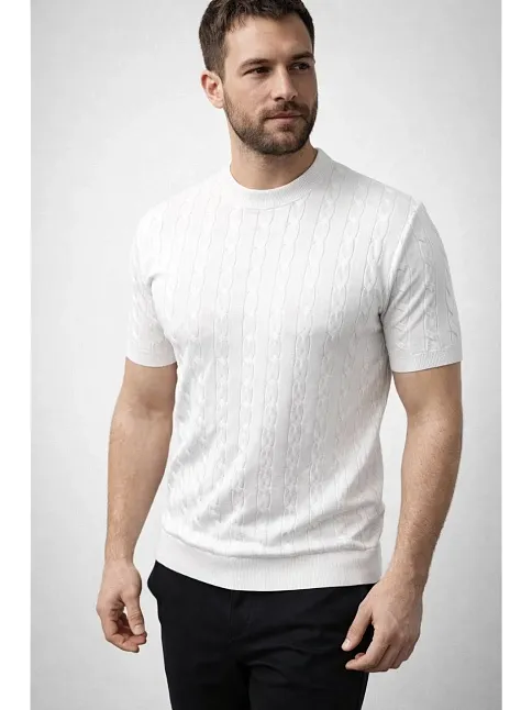 Erkek Yazlık Triko Dokuma Tişört Kısa Kol Bisiklet Yaka Örgü Desenli T-shirt - Beyaz