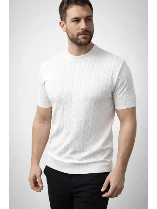Erkek Yazlık Triko Dokuma Tişört Kısa Kol Bisiklet Yaka Örgü Desenli T-shirt - Beyaz