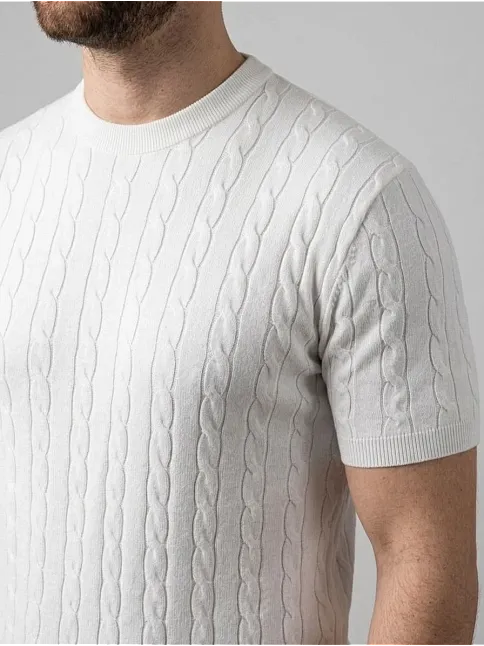 Erkek Yazlık Triko Dokuma Tişört Kısa Kol Bisiklet Yaka Örgü Desenli T-shirt - Beyaz