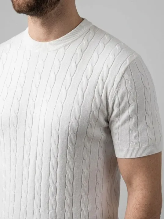 Erkek Yazlık Triko Dokuma Tişört Kısa Kol Bisiklet Yaka Örgü Desenli T-shirt - Beyaz