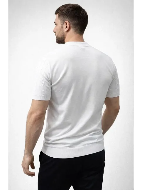 Erkek Yazlık Triko Dokuma Tişört Kısa Kol Bisiklet Yaka Örgü Desenli T-shirt - Beyaz
