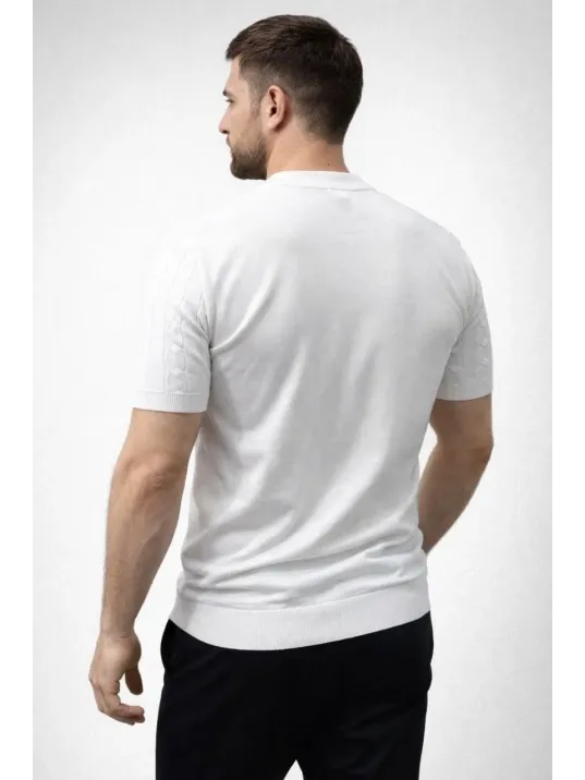 Erkek Yazlık Triko Dokuma Tişört Kısa Kol Bisiklet Yaka Örgü Desenli T-shirt - Beyaz