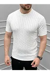 Erkek Yazlık Triko Dokuma Tişört Kısa Kol Bisiklet Yaka Örgü Desenli T-shirt - Beyaz