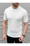 Erkek Yazlık Triko Dokuma Tişört Kısa Kol Bisiklet Yaka Örgü Desenli T-shirt - Beyaz