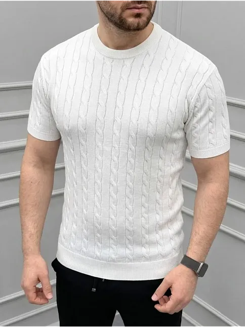 Erkek Yazlık Triko Dokuma Tişört Kısa Kol Bisiklet Yaka Örgü Desenli T-shirt - Beyaz