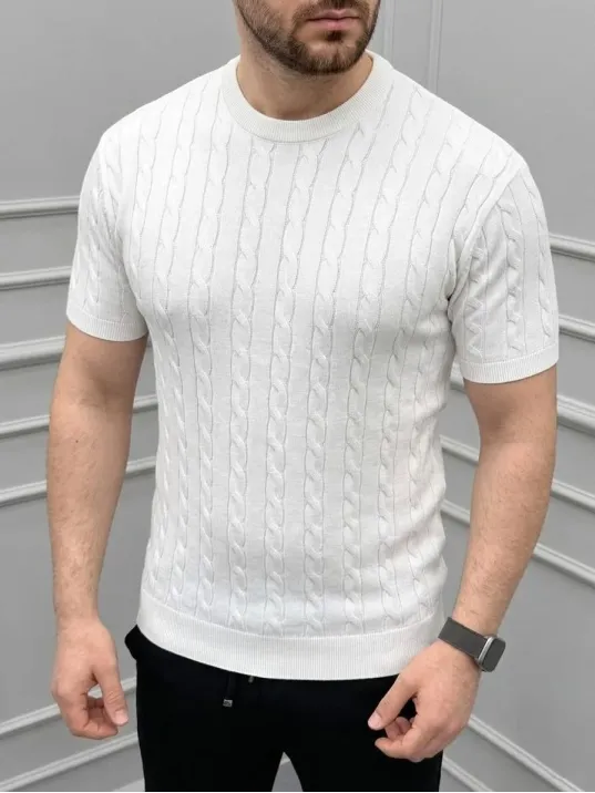 Erkek Yazlık Triko Dokuma Tişört Kısa Kol Bisiklet Yaka Örgü Desenli T-shirt - Beyaz