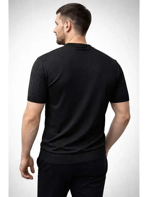 Erkek Yazlık Triko Dokuma Tişört Kısa Kol Bisiklet Yaka Örgü Desenli T-shirt - Siyah