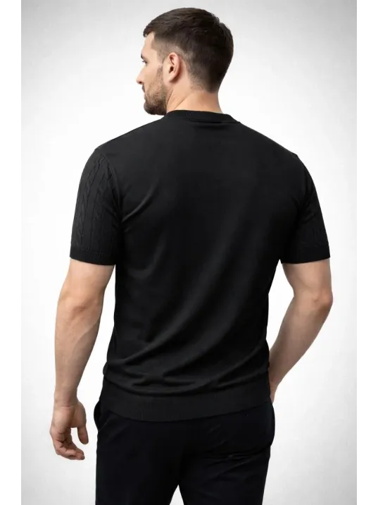 Erkek Yazlık Triko Dokuma Tişört Kısa Kol Bisiklet Yaka Örgü Desenli T-shirt - Siyah