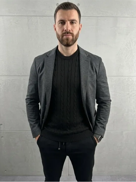 Erkek Yazlık Triko Dokuma Tişört Kısa Kol Bisiklet Yaka Örgü Desenli T-shirt - Siyah