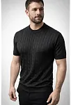 Erkek Yazlık Triko Dokuma Tişört Kısa Kol Bisiklet Yaka Örgü Desenli T-shirt - Siyah