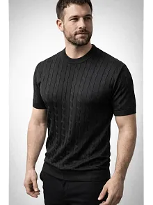Erkek Yazlık Triko Dokuma Tişört Kısa Kol Bisiklet Yaka Örgü Desenli T-shirt - Siyah
