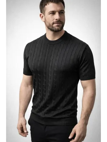 Erkek Yazlık Triko Dokuma Tişört Kısa Kol Bisiklet Yaka Örgü Desenli T-shirt - Siyah